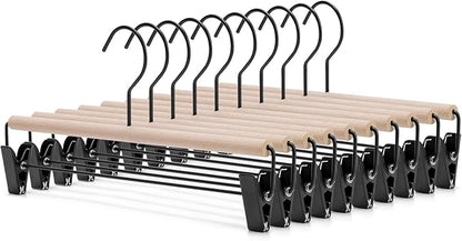 Nature Smile Beech Wooden Pants Skirt Hanger for Jeans Bottom Trousers with 2-Adjustable Black Matt Clips and Hook 10 Pack (Natural Wood+Black Metal)