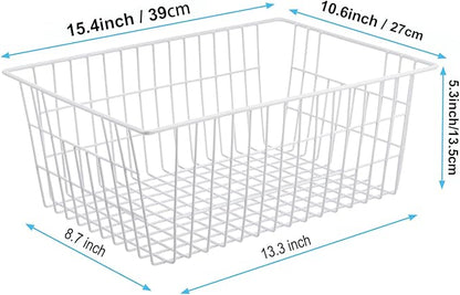 iPEGTOP Wire Storage Freezer Baskets, Set of 4 Large 15.4" Farmhouse Organizer Storage Bins Fridge Basket Rack with Handles for Kitchen Cabinets, Pantry, Office, Bathroom Organization - White
