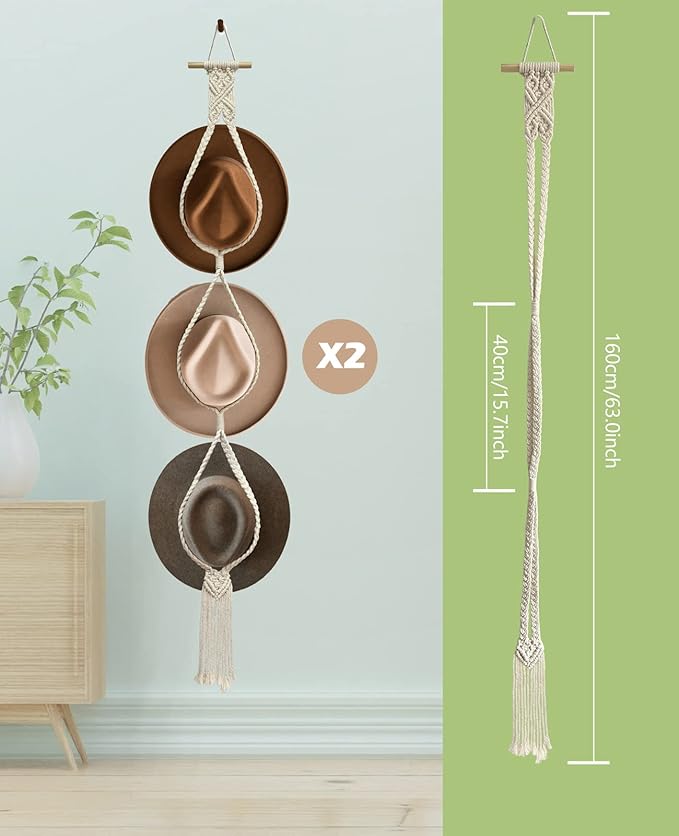 Besoamo 2Pcs Bohemian Hat Hangers Hat Organizer for Wall, Macrame Woman Hat Rack Hat Holder for Wall Hanging, Hand Weaving Boho Hat Holder Decorative Cap Organizer for Wide Brim (Three Hats Style)