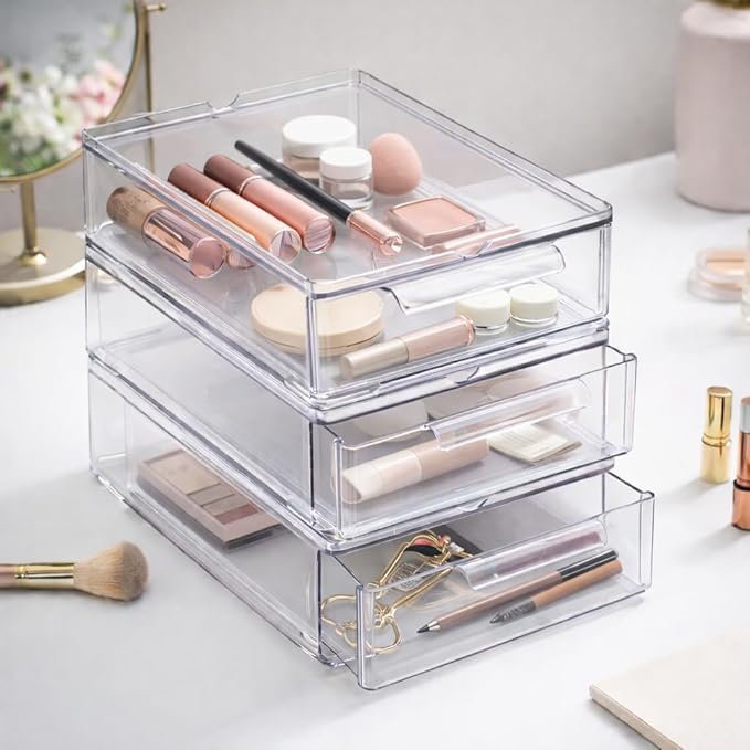 BINO | Clear Stackable Storage Drawers, Small - 3 Pack | Clear Storage Drawers with Built-In Handles | Durable Plastic Organizer Drawer | Modular Stackable Drawer Acrylic Organizer