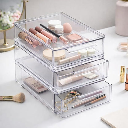BINO | Clear Stackable Storage Drawers, Small - 3 Pack | Clear Storage Drawers with Built-In Handles | Durable Plastic Organizer Drawer | Modular Stackable Drawer Acrylic Organizer