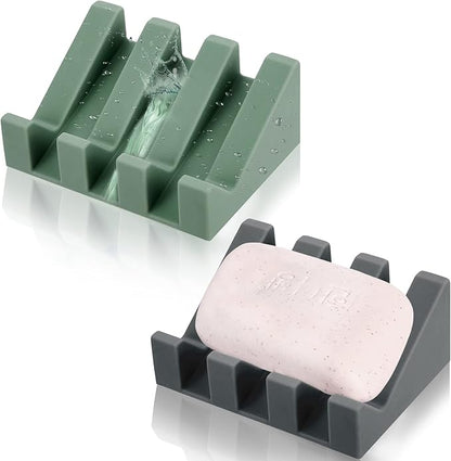 Cunhill 2 Pieces Silicone Soap Dish Self Draining Soap Dish Shower Waterfall Bar Soap Holder Tray with Drain Soap Saver for Kitchen Bathroom Accessories (Dark Grey,Light Green)