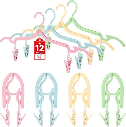 SANLIKE 12 Pcs Travel Hangers with 24 Pcs Clips Folding Travel Hangers Non Slip Plastic Clothes Hangers Collapsible Portable Coat Hanger Drying Rack for Suitcase Flying Camping Hotel(12 Packs)