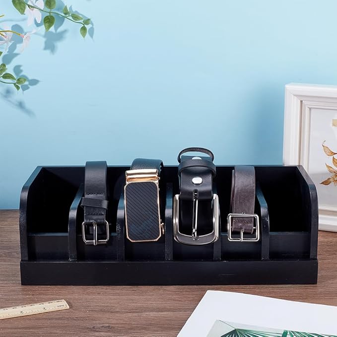 UNICRAFTALE Black Wood Belts Organizer Box 35cm Belt Organizer Tie and Belt Storage Holders for Closet and Drawer Organizer 6-Compartment Belts Organizer and Displayer for Men Women