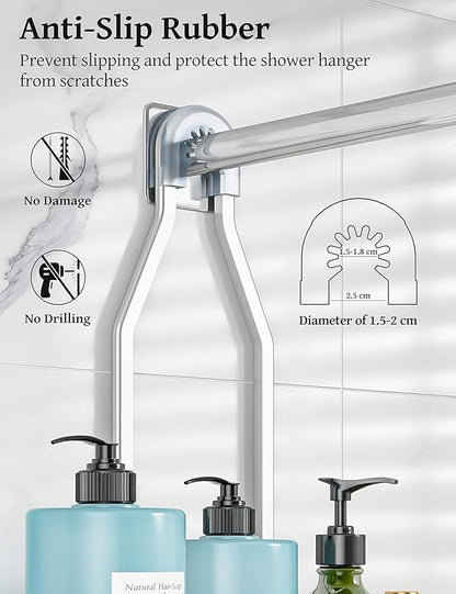 YASONIC Never-Rust Aluminum Hanging Shower Caddy – Over-the-Showerhead Organizer with 10 Hooks for Razor and Sponge – Includes Soap Basket – Silver