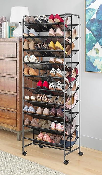 Whitmor 10 Tier Double-Sided Shoe Cart with Lockable Wheels, Gunmetal Rolling Shoe Organizer with Patented Mesh Back, Freestanding Storage for Garage, Bedroom, or Closet, 17" W×24.6" L×63.78" H