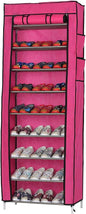 Vertical Narrow Shoe Rack Organizer, Room-Saving 10-Layers 9 Lattices Non-Woven Fabric Shoe Rack, Free Standing Shoe Storage Cabinet with Dustproof Cover, 22.83 x 11.4 x 63 inches,Rose Red
