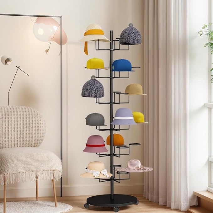 Standing Hat Rack Stand, Cowboy Hat with 30 Hooks, 6 Tier Metal Hat Organizer, Floor Hat Display for Home Store Vendors(Black,6 Tier)