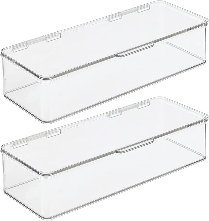 mDesign Makeup Storage Stackable Organizer Box for Bathroom Vanity, Countertops, Drawers - Holds Blenders, Eyeshadow Palettes, Lipstick, Lip Gloss, Makeup Brushes - Hinged Lid - 2 Pack - Clear