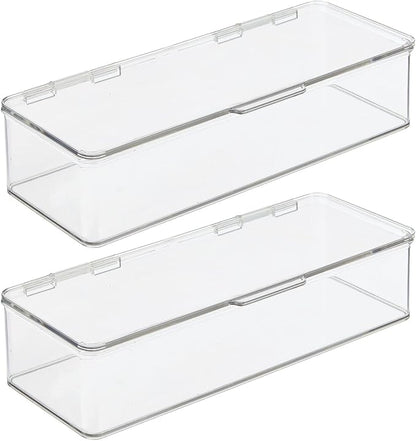 mDesign Makeup Storage Stackable Organizer Box for Bathroom Vanity, Countertops, Drawers - Holds Blenders, Eyeshadow Palettes, Lipstick, Lip Gloss, Makeup Brushes - Hinged Lid - 2 Pack - Clear