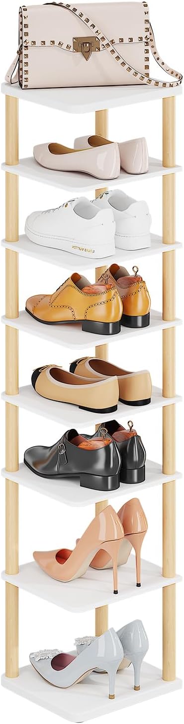 LUCKNOCK Vertical Shoe Rack, 8-Tier Tall Narrow Shoe Organizer for Entryway, Closet, Dorm & Small Spaces, Freestanding Wooden Shoe Shelf Tower for Boots, Sneakers, Heels. (White)