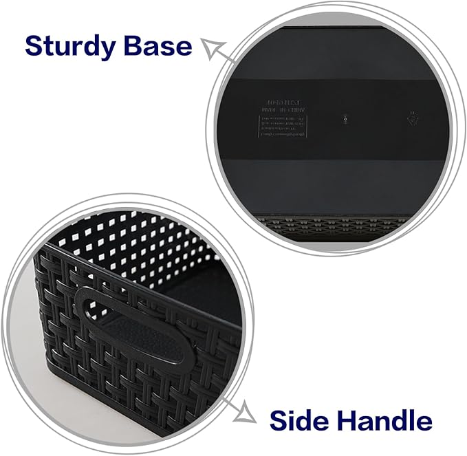 6 Pack Plastic Pantry Weave Storage Basket Bin, Black