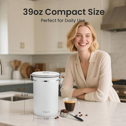 Veken Coffee Canister, 39OZ Large, Airtight Stainless Steel Food Storage Container for 2.2lbs Coffee Beans, Ground, Sugar, Tea, Flour, Cereal, Kitchen Bar Accessories with Date Tracker & Scoop, White