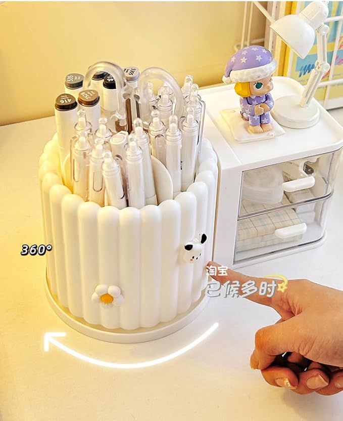 Makeup Organizer Countertop,360 Rotating Makeup Brush Holder with 2 Drawer Organizer, Small Preppy Kids Desk Organizer|9.25x5.11inch|White