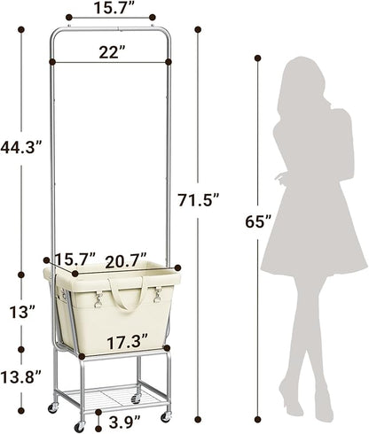 ELYKEN Laundry Cart with Hanging Rack, Rolling Laundry Hamper with Wheels, Laundry Basket with Removable Liner Bag and Shelf, Sturdy Metal Frame Dirty Clothes Basket for Hotel, Home, Closet, Dorm