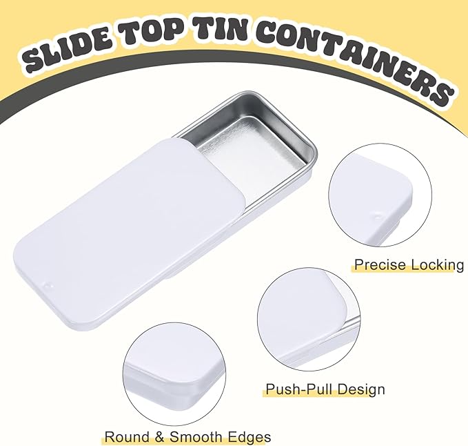 uxcell 8Pcs Slide Top Tin Containers, Mini Metal Empty Tins Box with Sliding Lids, 2.4"x1.3"x0.4" Rectangular Storage Organizers for Lip Balm, Solid Perfume, Small Items, Bright White