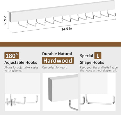ZEDODIER 2 Pack Wodden Tie Hanger Wall Mounted, Space Saving Belt Organizer for Man with 24 180° Rotating Hooks, Space Saving Belt Storage Holder, White