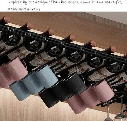 2-in-1 Industrial Wine Rack, 47.3" Adjustable Metal Pipe Wine Bottle Storage Rack with Glass Holders & Shelf, Space-Saving Vertical Installation for Kitchen Bar, Black