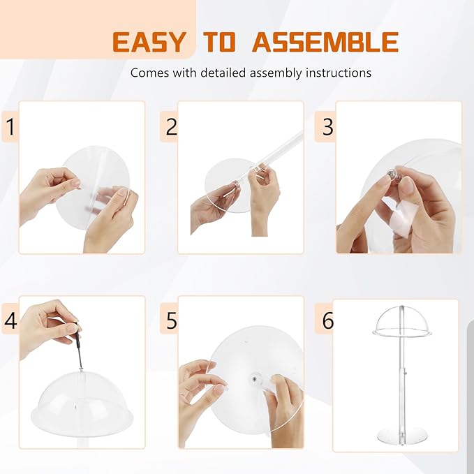 Adjustable Acrylic Hat Display Stand, 8"-16" Clear Domed Baseball Cap Rack, Height Adjustable Cowboy Hats Display, Durable Tabletop Hat Holder and Wig Stand for Closet, Vendors, Counter, Salons