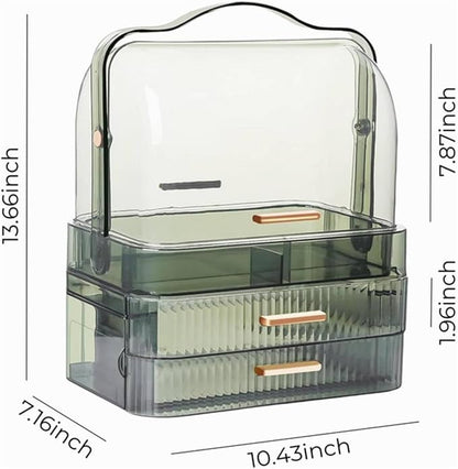 Green Drawers Portable Cosmetics Storage Box Transparent Lid Large Makeup Organizer Box Handle Waterproof Dustproof Skincare Display Cases for Countertop Bathroom Dresser
