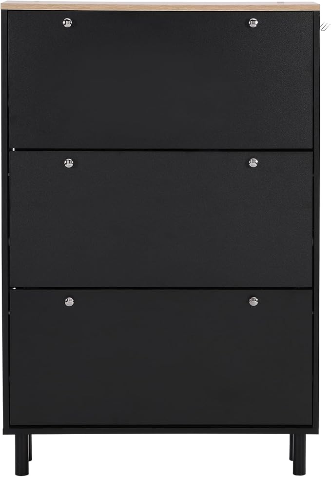 Contemporary Shoe Cabinet with 3 Flip Doors Free-Standing Wooden Shoe Rack Shoe Storage Organizer for Entryway Hallway Small Space (Black&Natural)