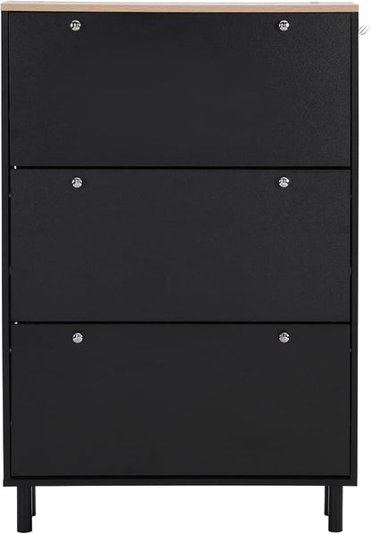 Contemporary Shoe Cabinet with 3 Flip Doors Free-Standing Wooden Shoe Rack Shoe Storage Organizer for Entryway Hallway Small Space (Black&Natural)