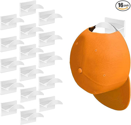 Adhesive Hat Hooks for Wall (16-Pack), Hat Hooks for Baseball Caps, Minimalist Hat Rack Design, No Drilling, Strong Hat Hangers, Hat Holder Organizer for Wall (White)