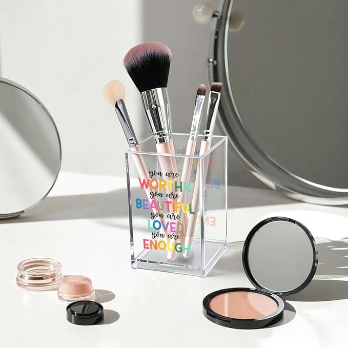 You are Worthy Beautiful Acrylic Makeup Brush Organizer Holder, Boho Motivational Vanity Desk Organizer Accessories for Bedroom Office Decor, Inspirational Gifts for Women Girls Daughter Sister