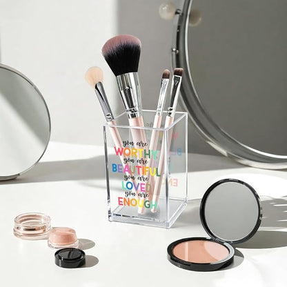 You are Worthy Beautiful Acrylic Makeup Brush Organizer Holder, Boho Motivational Vanity Desk Organizer Accessories for Bedroom Office Decor, Inspirational Gifts for Women Girls Daughter Sister
