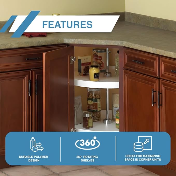 Knape & Vogt Lazy Susan Organizer, 2-Tier Cabinet, 18 in. Diameter Full-Round, Adjustable Height From 25-1/2 in. to 31-1/2 in., Polymer, 360 Degree Turntable, White