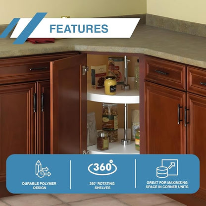 Knape & Vogt Lazy Susan Organizer, 2-Tier Cabinet, 18 in. Diameter Full-Round, Adjustable Height From 25-1/2 in. to 31-1/2 in., Polymer, 360 Degree Turntable, White