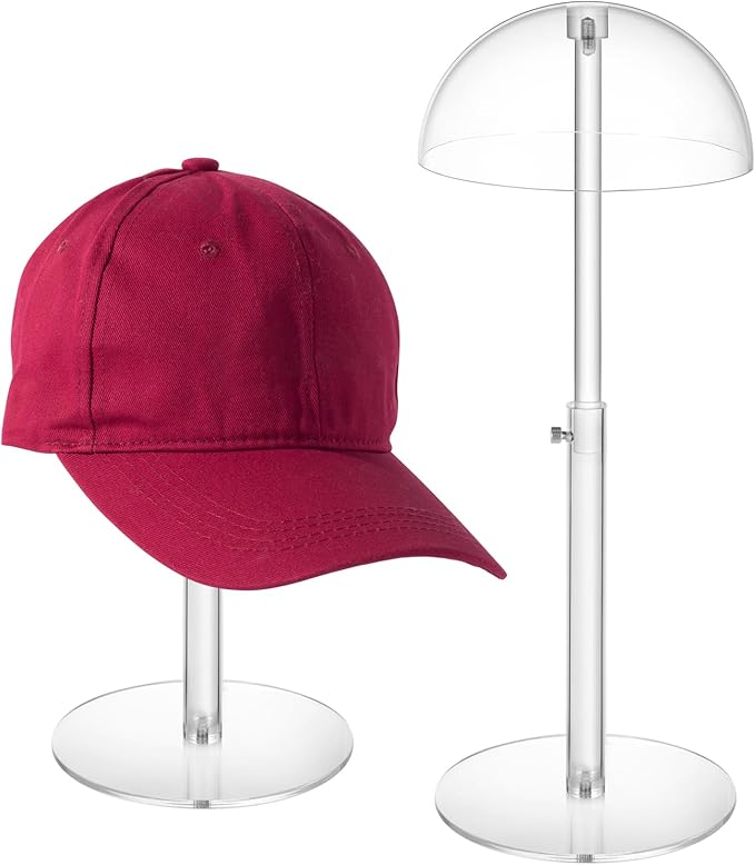 JUESHA 2 Pack Clear Acrylic Hat Display Stand Height Adjustable, Countertop Hat Holder for Baseball Caps Cowboy, Wig Head Counter Stand for Closet (PATENT PENDING)