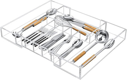 NIUBEE Expandable Kitchen Drawer Organizer for Flatware and Utensils,Clear Acrylic Adjustable Silverware Tray for Drawer,Office,Bathroom Supplies-9 Compartments