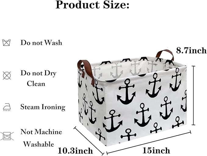 Collapsible Storage Basket with Handles, Waterproof Foldable Organizer Bin 15x10x9 Inches, Nautical Anchor Decor for Toys, Shelves, Home