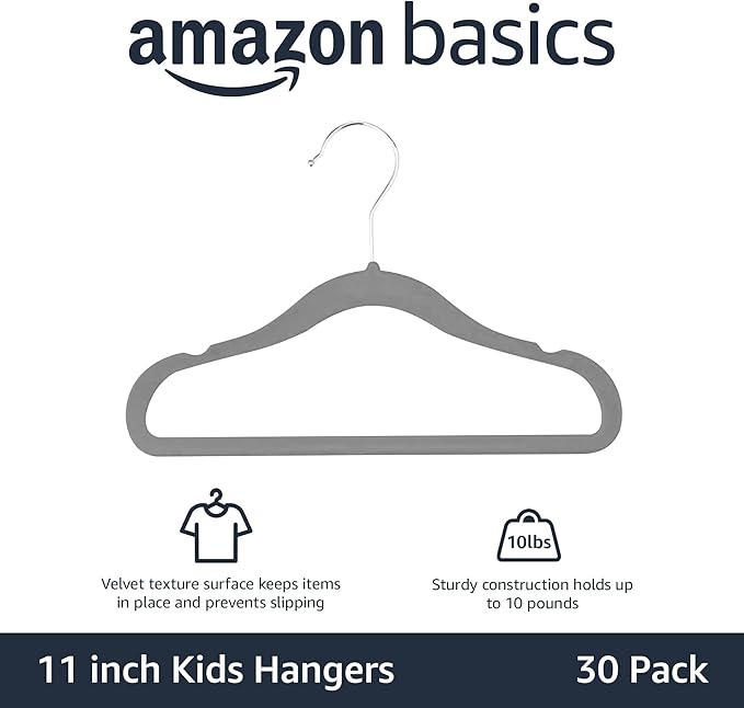 Amazon Basics Kids Velvet Non-Slip Space Saving Clothes Hangers with Shoulder Notches, Sturdy Closet Organizer for Baby/Toddler, 11.6", Gray, 30-Pack