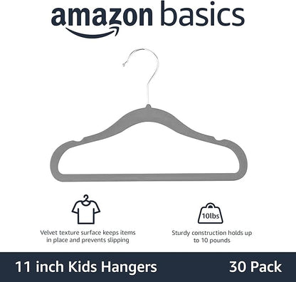 Amazon Basics Kids Velvet Non-Slip Space Saving Clothes Hangers with Shoulder Notches, Sturdy Closet Organizer for Baby/Toddler, 11.6", Gray, 30-Pack