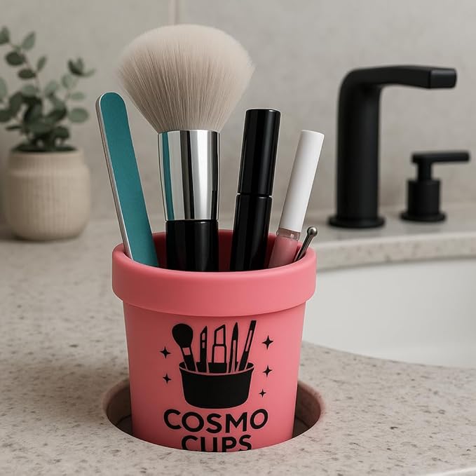 CosmoCups Car Makeup Brush Cup Holder, Decorative Pot Design, Cosmetic Organizer Storage Container for Beauty Tools and Accessories for Cars and Home
