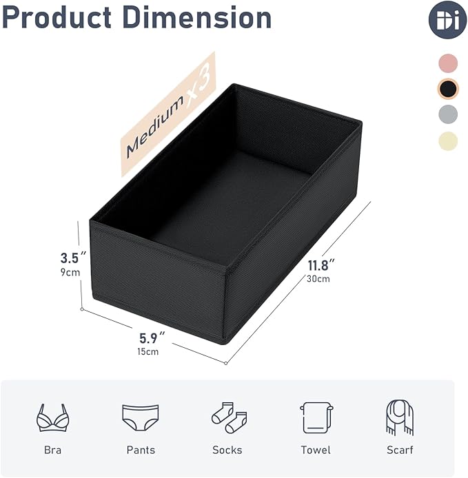 DIMJ Drawer Organizer - Small Clothes Organizer Set of 3, Drawer Dividers for Baby Clothes, Underwear, Socks, Bra, Belt, Tie - Black