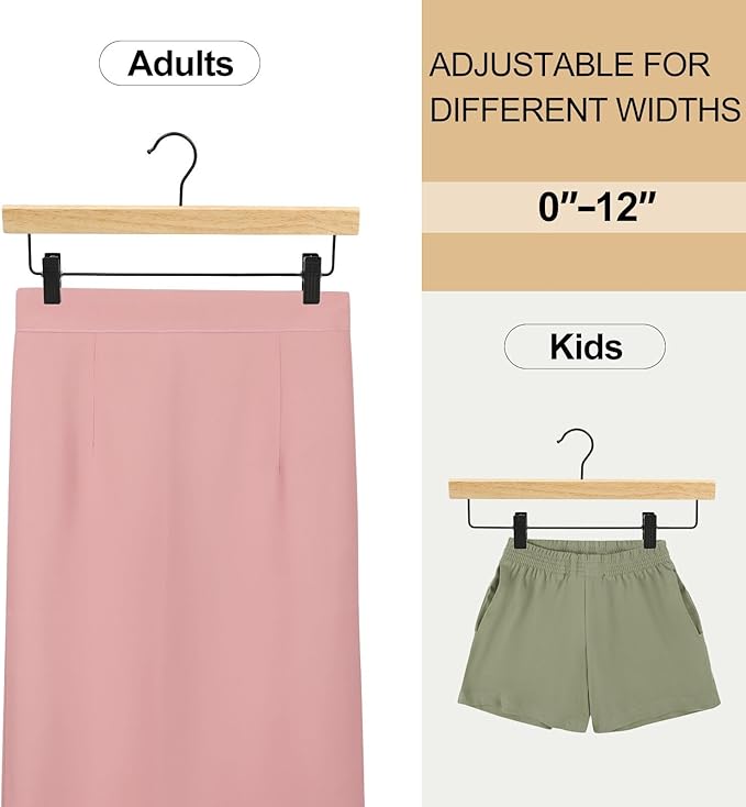 TOPIA HANGER Pants Hangers 20 Pack, Wooden Clothes Hangers with Black Clips and Rotatable Hook, Durable Natural Rubber Wood Hangers for Skirts, Pants, Jeans, Shorts - CTS05N