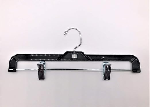 NAHANCO Plastic Skirt/Pant Hangers, Heavy Weight with Chrome Hook, Chrome Metal Clips - 14" High Gloss Black (Pack of 100)