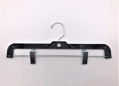 NAHANCO Plastic Skirt/Pant Hangers, Heavy Weight with Chrome Hook, Chrome Metal Clips - 14" High Gloss Black (Pack of 100)