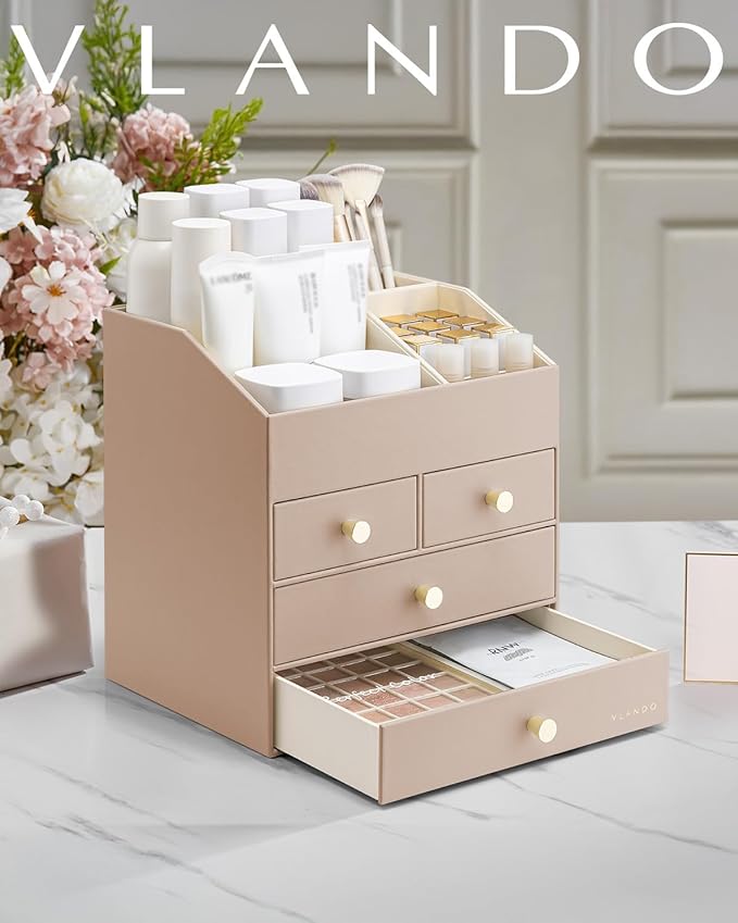 VLANDO Makeup Organizer Countertop,Large Vanity Organizer PU Leather Make up Storage with 4 Drawers Skin care Organizer Cosmetic Display Case for Lipstick,Brushes,Bedroom-Toffee