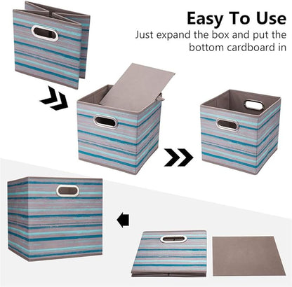 6 Cube Storage Bins Teal Stripes Gradient Lines 10.5x10.5x11 Inch Foldable Whale Coastal Print Fabric Half Storage Basketes for Home Organizers Storage Drawer,QY-SC12-6