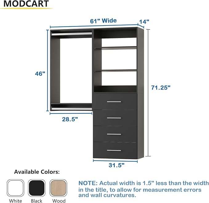 Modular Closet System, 61" Wide Closet Organizer System with Tower and Drawers, Wood Tower Closet Storage for Walk In Closets, Wall Mounted Wardrobe Organizer Kit System, Bedroom, Black