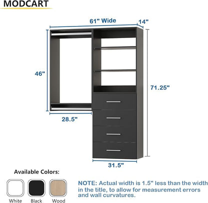 Modular Closet System, 61" Wide Closet Organizer System with Tower and Drawers, Wood Tower Closet Storage for Walk In Closets, Wall Mounted Wardrobe Organizer Kit System, Bedroom, Black