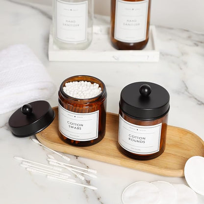 2-Pack Bathroom Apothecary Storage Jars, Vanity Countertop Canister, Glass Jars Q-tip Holder, Cotton Swab Container, Bathroom Storage Container with 8 Pcs Waterproof Labels