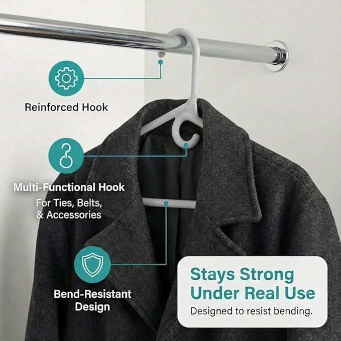 DEILSY™ Gray Heavy Duty Hangers with Hooks for Scarves & Belts – Thick and Strong Clothes Hangers for Shirts, Jackets, Pants, and Dresses – Space-Saving Plastic Hangers – Pack of 30