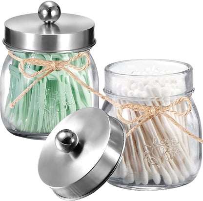 SheeChung 4 Pack Apothecary Jars with Lids, Bathroom Organizers and Storage, Qtip Holders Set, Bathroom Decor, Small Mason Jars for Q-tips, Cottons, Floss, Balls, Cotton Swabs-Brushed Steel