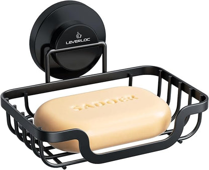 LEVERLOC Soap Dish, Soap Bar Holder for Shower Suction Cup Wall Mounted, Stainless Steel No-Drilling Removable Waterproof Sponge Holder for Bathroom Bathtub Kitchen Sink, Keep Dry, Black