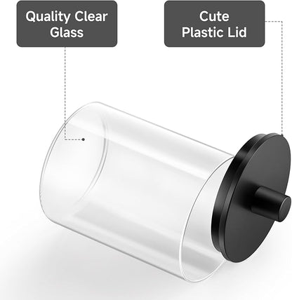 TIPGO Glass Qtip Holder Dispenser - 10 oz Clear Canister Apothecary Jar, Bathroom Vanity Storage Organizer Set for Cotton Swabs, Pads, Floss Picks, Small Containers for Makeup Storage (2 Pack, Black)